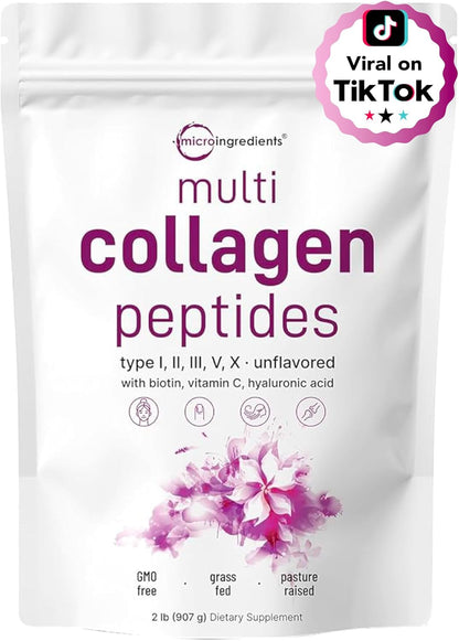 Micro Ingredients Multi Collagen Protein Powder, 2 lbs - Type I, II, III, V, X with Biotin, Hyaluronic Acid, Vitamin C.